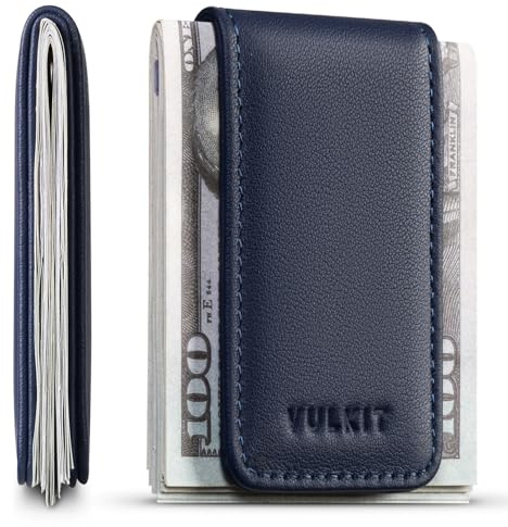 VULKIT Schlanke Magnetische Geldklammer aus Nappa Echtleder für Kreditkarten und Visitenkarten, Geldscheinhalter, Starker Magnet hält 15 x Gefaltete Banknoten