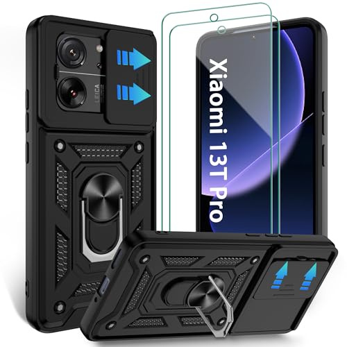 Jshru Funda para Xiaomi 13T Pro/13T Funda para teléfono móvil Slide Protector de cámara con 2 unidades de película protectora de calidad militar Protección contra caídas a prueba de golpes, soporte de