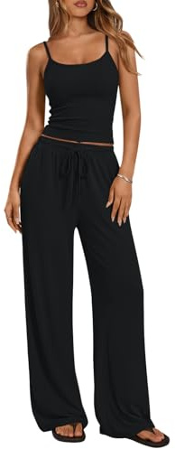 Trendy Queen Womens 2 Piece Lounge Sets Spring Outfits Matching Airport Camisole Tops Wide Leg Pants Summer Fashion Tracksuits 2026 Black M