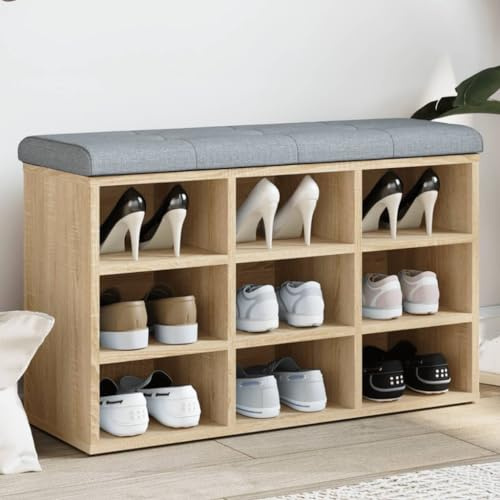 Fangmaliuyun Schuhbank Sonoma Eiche 82x32x50 cm mit gepolstertem Sitzkissen 110 kg belastbar Holzwerkstoff robust & modern für Flur Wohnzimmer Schlafzimmer