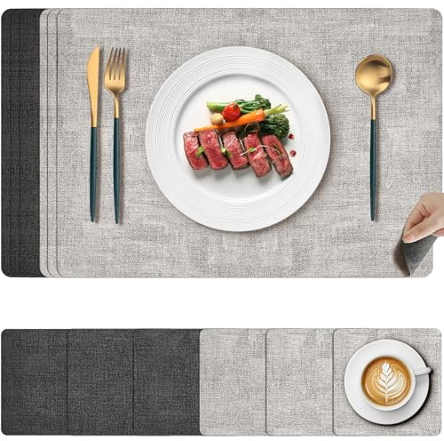 Votoko 6er Set Tischsets Abwaschbar, Leder Platzsets Abwaschbar mit Untersetzer, Platzdeckchen Hitzebeständig Doppelseitigen Wasserdicht, Kunstleder Tischset rutschfest für Küche Restaurant, Hellgrau