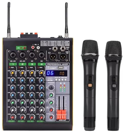 4 Channel Mixing Console, Bluetooth Portable Audio Mixer with 16 DSP Effects, USB MP3 Input, Includes 2 Adjustable Frequency Wireless Microphones for Studio and Party Use