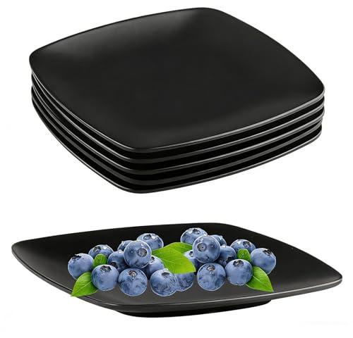 YuLiMirich Set med 4 mattallrikar svart, stor tallrik fyrkantig desserttallrikar, återanvändbar desserttallrik, camping, tallrik, picknicktallrik för kött, sushi, snacks och sallader