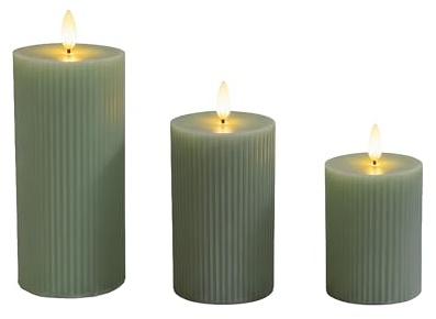 Relaxdays LED Kerzen, 3er Set, 3 Größen, flackernde Flamme, Echtwachs, mit Rillen, flammenlose Elektrokerzen, Salbei