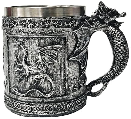 SGZIOO Mittelalterliche Bierkru, 500ml Mittelalter Krug aus Edelstahl, Dragon Bierkrugbecher für Kaffee/Getränke/Saft, Geschenk für Männer, Vatertagsgeschenk