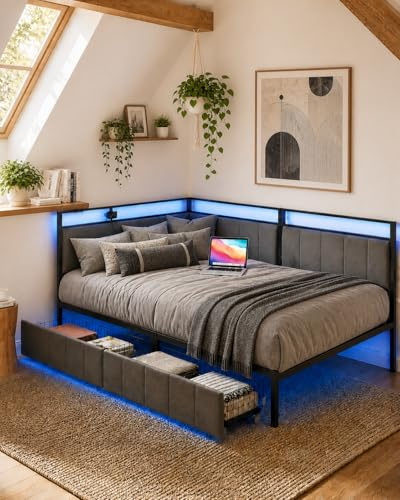 Xinyvee Jugendbett 90 x 200 cm, Schlafsofa Tagesbett mit Stauraum, Polsterbett mit gepolstertem Kopfteil, Bettgestell aus Metall, Schwarz/Hellgrau, Samt