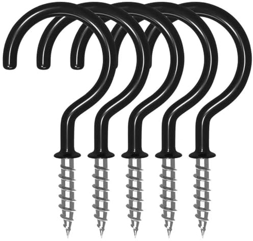 CBMZHF Lot de 16 crochets à vis – Crochets de plafond en métal avec revêtement en plastique PVC et vinyle noir pour accrocher des plantes, tasses, lumières, ustensiles de cuisine – 7,3 cm