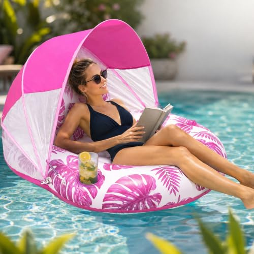 Colchoneta Piscina, Shyllin Piscina Hinchable Adultos con Parasol(Rosa)