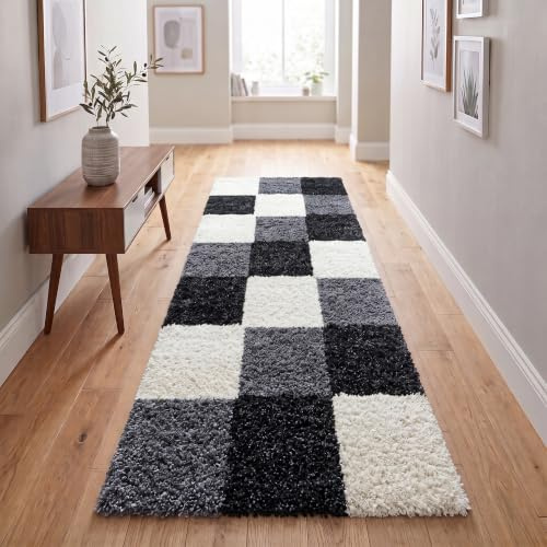 SIMPEX Hochflor Teppich Shaggy kariert 80x250 cm Schwarz, flauschig & weich, modernes Karo Design, rechteckig, ideal für Lange Flure oder Küche, stilvoll & schmal geschnitten