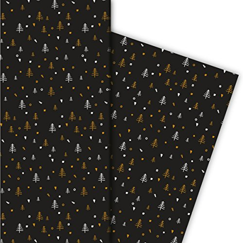 Kartenkaufrausch Designer Weihnachtspapier, Geschenkpapier Set zu Weihnachten mit grafischen, kleinen Weihnachtsbäumen, schwarz • Geschenkverpackung, DIY Projekte, Basteln, 4 Bogen, 32 x 48cm