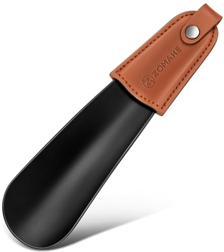 ZOMAKE Skohorn Liten Metall 17cm,Kort Rostfritt Stål Sko Horn Skohjälp Svart,Liten Skon Sked Med Läderrem(1st Svart)