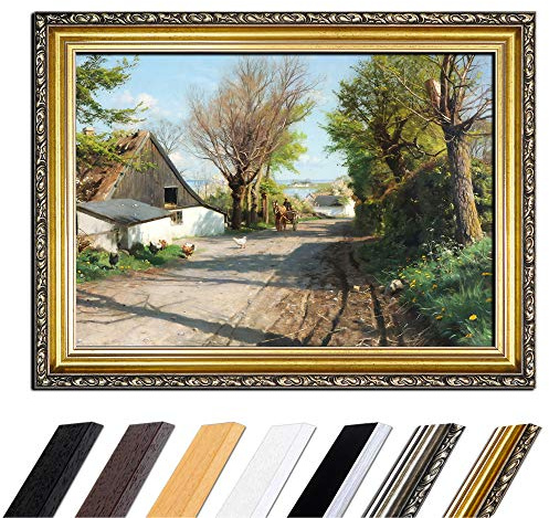 Bilderdepot24 Bild mit Rahmen - Peder Mork Mönsted Frühlingsmorgen im Dorf 80x60 cm - Gerahmtes Leinwandbild Alte Meister - Antiker Rahmen Gold Barock, Klassisch