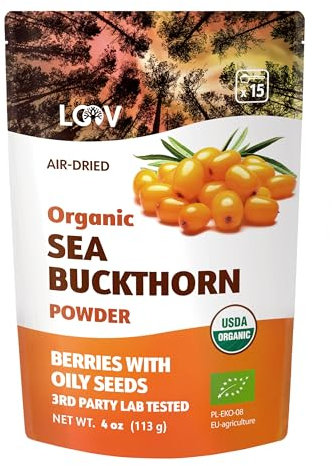 LOOV Polvere biologica di olivello spinoso, ricca di fibre ed elementi del gruppo omega, vitamina C, vitamina E, 100% da bacche intere, scorta per 23 giorni, 113 g, senza zuccheri aggiunti, non-OGM