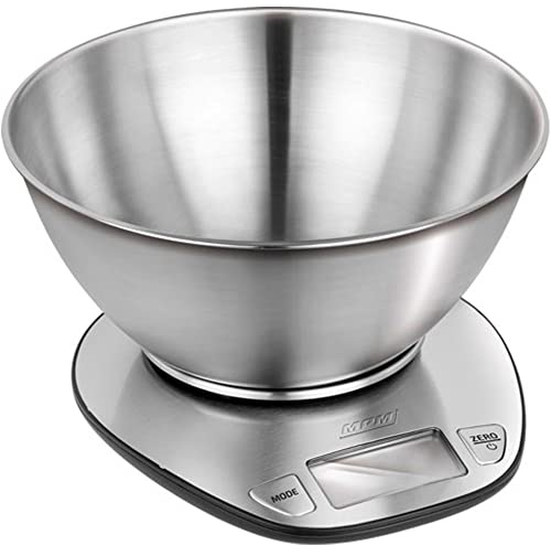 MPM MWK-05M Digitale Küchenwaage mit Abnehmbarer Schale Edelstahl, LCD-Display, Hochpräzise Waage mit großer Wiegefläche, Wiegt Lebensmittel bis zu 5 Kg, Schritte 1g, Tara-Funktion Wiegt gr ml Oz Lb