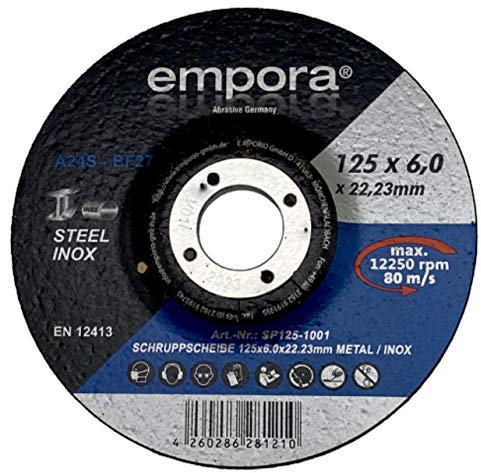 EMPORA Disques à ébarber Ø 115 mm – 125 mm – 180 mm – Tôle d'acier inoxydable métal – 6,0 mm x 22,23 mm – 80 m/s – EN 12413 (20, 125 mm)