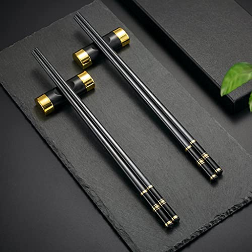 2 pair Gold /schwarz Japanische EssStäbchen + 2 pcs Essstäbchen Ablagen Chopsticks sushi Essstäbchen Edelstahl mit Halter Geschenkset Chinesische Stäbchen Asiatisches Besteck mit Geschenkbox