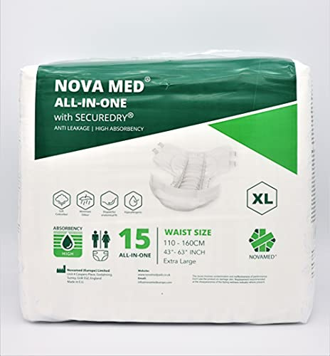 Novamed All in Ones Incontinence Pads, Incontinence Slips, Adult Nappies, Adult Diapers - 15 per Pack (X-Large) - 2880ml Absorbency - A British Brand