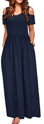STYLEWORD Maxi Vestido de Verano con Hombros Descubiertos para Mujer Manga Corta Estampado Floral Elegante Vestido Maxi con Bolsillos(marina-456,S)