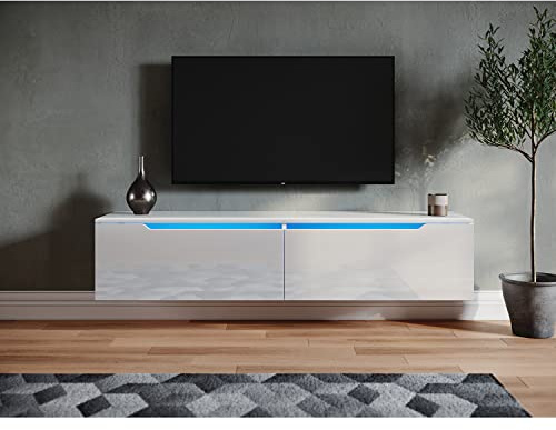 SONNI Mueble TV Suspendido Blanco, LED 12 Colores, 2 Puertas, 140 cm | Diseño suspendido moderno con iluminación LED regulable de 12 colores, puertas abatibles, estructura robusta para salón.