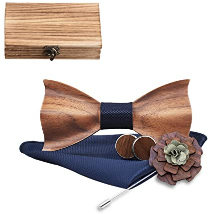 Mr.Van Holzfliege Klassische Set Fliege Herren,Holzfliege, Holz Manschettenknöpfe, Holzbrosche, Einstecktuch für Hochzeiten, Aufführungen, Abschlussball, Partei und sogar tägliche Gebrauch