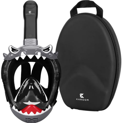 Khroom CO₂-säker snorkelmask för barn från 3 år | Helmask för snorkling med haj- och enhörningsdesign | Läckagesäker | Lätt att andas | Simutrustning | Semesterfavorit (svart + mjukt fodral)