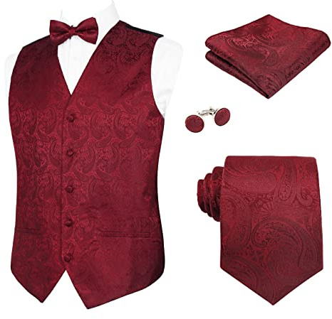 Alizeal Herr klassisk 5 st Paisley Jacquard kostym väst set, 185-rödbrun, L