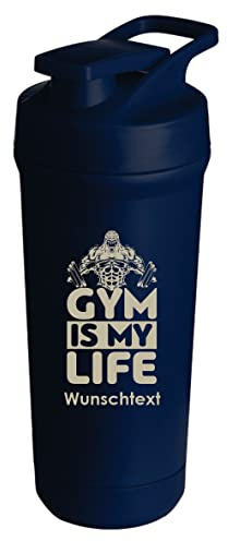 Teemando® Individuellt graverad premium rostfritt stål shaker med din önskade gravyr 750 ml, läckagesäkert lock, shakerboll, diskmaskinssäker för proteinshakes, fitness-diet present (blå)