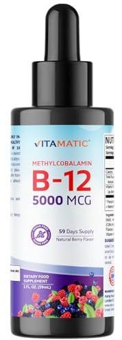 Vitamatic Fast-Acting Liquid Vitamin B12 – 5000 mcg Methylcobalamin – Natural Berry Flavor – Sublingual Formula for Enhanced Absorption – 2 fl oz