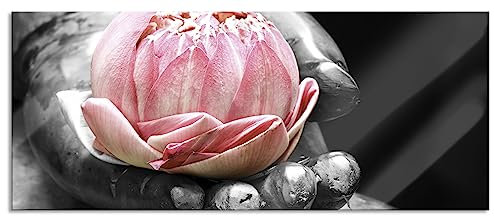 Pixxprint Glasbild Panorama, Wandbild aus Echtglas, Lotus in einer Hand eines Buddhas, 120x50 cm, inkl. Aufhängung und Abstandshalter