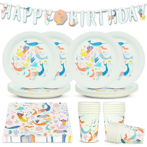 Talking Tables Mermaid Party Decorations & Tableware Bundle, 50pcs - Plates, Cups, Napkins, Reusable Bunting, Table Cover for Under the Sea Birthday