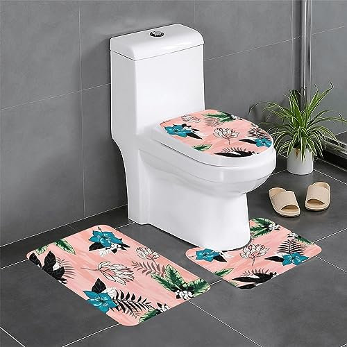 Gearsly Badematten-Set mit tropischen und botanischen Blumen, Rosa, 3-teilig, superweiche Badematte und U-förmige WC-Vorleger, rutschfest, wasserabsorbierend, Bodenmatte, waschbar, Heimdekoration