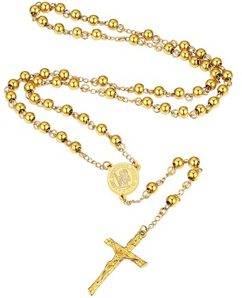 Supcare Rosenkranz Katholische Halskette Damen Gebetskette Christlich Edelstahl Rosary Jesus Kreuzkette Religiöse Kruzifix Anhänger Charm Cross Necklace Modeschmuck für Herren Frauen