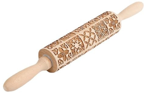 Sqxaldm Holz-Nudelholz Geprägte Nudelholz 3D Motiv Geprägt NudelholzNudelholz mit Metallachse Nudelholz für hausgemachtes Gebäck Präge Nudelholz Backzubehör für Hausgemachtes Bäck Gebäck Cookie Kuchen