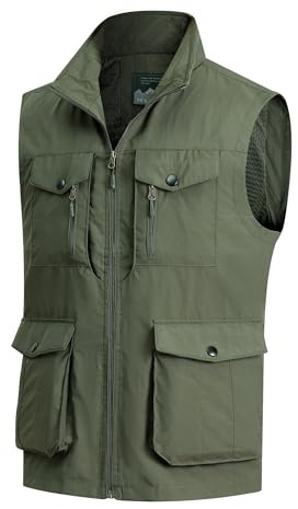 MeiLayM Gilet da Pesca da Uomo Senza Maniche Gilet Multi-Tasche All'aperto Gilet Leggero Traspirante Casual Giacca Asciugatura rapida Gilet da Campeggio Fotografia Gilet Verde militare,L