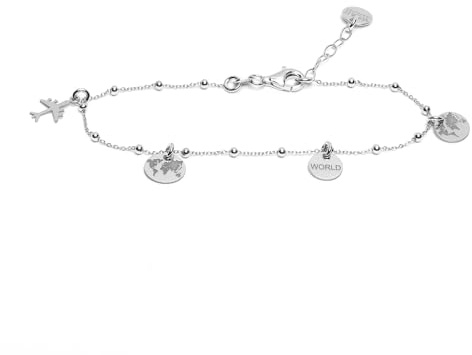 WearTravelers 925 Sterling Silber Armband mit Flugzeug- und Welt-Anhängern, Satellitenkette – Verstellbar – Geschenkidee für Reisende – Made in Italy – Modell Marrakesch