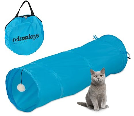 Relaxdays Katzentunnel faltbar, Katzenröhre mit Spielzeug, interaktiver Katzen Spieltunnel, BxD: ca. 90 x 25 cm, Blau