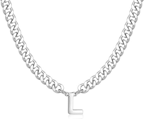 HAYOUWAY Kette Herren mit Buchstaben Halskette Damen Silber Kette, Edelstahl Panzerkette Herren Halskette Kubanische Kette mit Buchstabe Anhänger Schmuck Geschenke (L)
