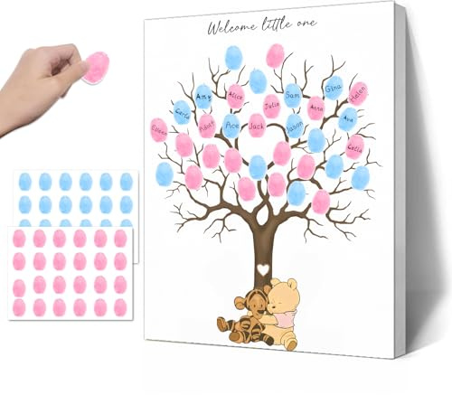 Guawubiang Winnie Gender Reveal Fingerabdruck-Baum, Winnie Gender Reveal Decor Gästebuch, Gender Reveal Party Ideen, Babyparty Dekoration für werdende Mütter