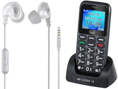 Trevi SICURO 10 Telefono per Anziani Tasti Grandi + Auricolari Con Filo HMP 696 M Bianco, Display LCD 1.77”, Cellulare per Anziani con Funzione SOS, Ripetizione Vocale, Base di Ricarica, Sveglia