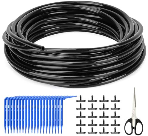 Tubo Ala Gocciolante 30 M Tubo Capillare per Irrigazione 3/5 mm Tubo In Polietilene per Irrigazione a Goccia con 20 Gocciolatori e Connettore a T per Orto Giardino Serra