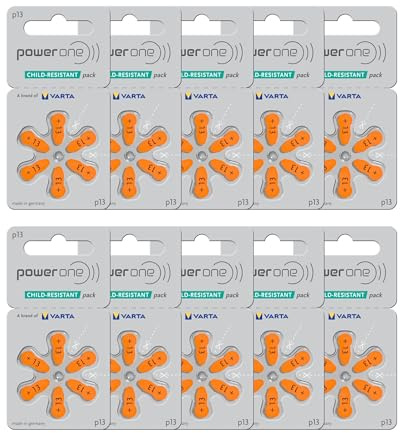 Power One Hearing aid Batteries Size 13 - p13 Battery for Hearing aid, Long-Lasting. Mercury-Free 1.45v zinc-air Hearing aid Batteries (60 Batteries), Orange