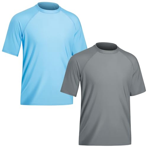 TIZAX 2 Pièces T Shirt Anti UV pour Homme Maillot de Bain à Manche Courte UPF 50+ Rashguard Hauts Tee Shirt de Sport Séchage Rapide Gris+Bleu Clair XL