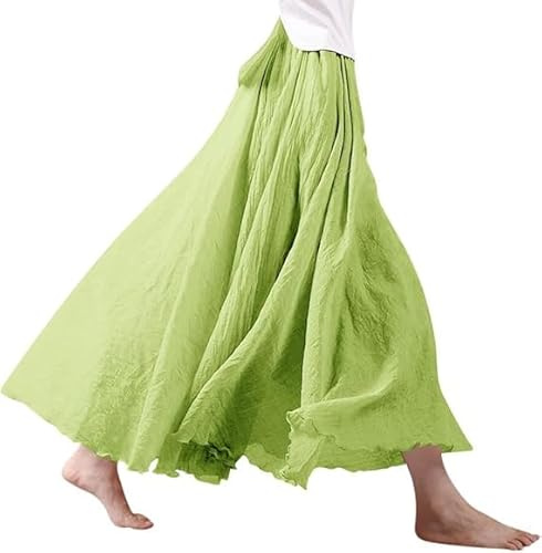 Gonne da donna in lino, maxi gonna in cotone e lino, gonna estiva boho, tinta unita, per il tempo libero, gonna a pieghe (DE/NL/SE/PL, alfanumerica, taglia unica, regolare, verde 2)