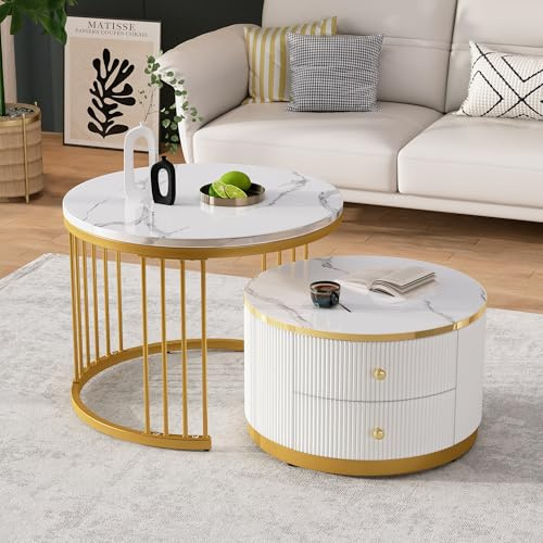 Soweiz Elegantes 2-teiliges, Weißes Couchtisch-Set in Nestform, Runde Tische mit Hochglänzender Marmoroptik, 2 Schubladen, bis 30kg Belastbar,Nesting-Kombination Couchtisch (Weiß+Gold)