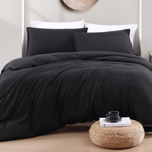 LANE LINEN Super King Duvet Cover, 3 Piece, Pre-Washed Microfibre - Black | Bedding Quilt Cover Set with Pillowcases, Button Closure, OEKO-TEX Certified, Soft Breathable Comfort for Home and Hotels