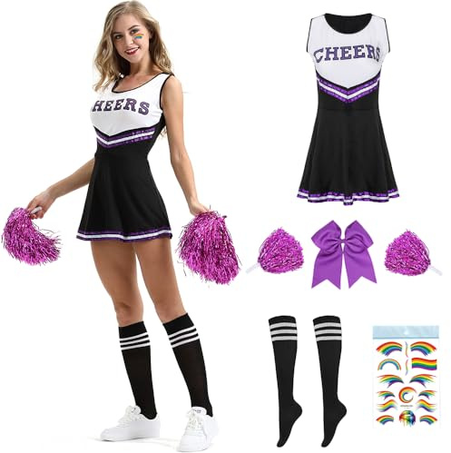 PASLFC Cheerleader Kostüm Damen für Erwachsene,Cheerleading outfit,Cheerleadering Outfit,High school musical cheerleader kostüm,Cheerleader Pompoms für Karneval Party Cosplay Fasching Halloween
