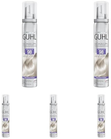 Guhl Schaum-Tönungsfestiger - Farbe 98 - Silberblond - Für graues, lichtblondes, hellblondes und weißes Haar - Sanfter Halt, Volumen und Farbglanz - Hält 1 bis 3 Haarwäschen (Packung mit 5)