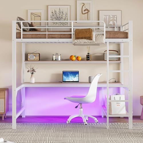 Cama Alta, 140 x 200 cm, barandilla, Escalera, con USB y Toma de Corriente, con Luces LED, Escritorio, Estante de Varios Niveles, sin colchón, Metal, Blanco