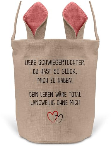 22Feels Ostern Geschenk Schwiegertochter Frauen Osterkorb mit Henkel Tragetasche Deko Osternest Körbchen Hasenohren (Beige/Pink)