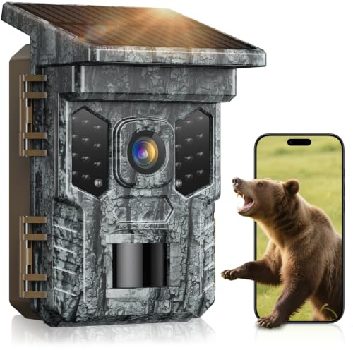 4K 64MP Solar Trail Camera, Wi-Fi Bluetooth, Night Vision, IP66 Waterproof | Motion-Activated Wildlife Camera with 0.2s Trigger, IR LEDs, Built-In Rechargeable Battery for Gardens, No Micro SD Card